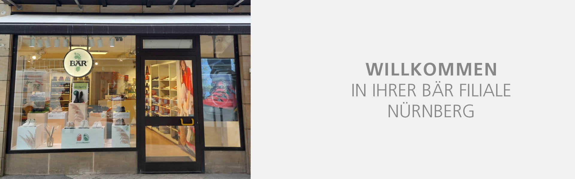 Image of the BÄR store entrance in Nuremberg with shoe displays and interior view.