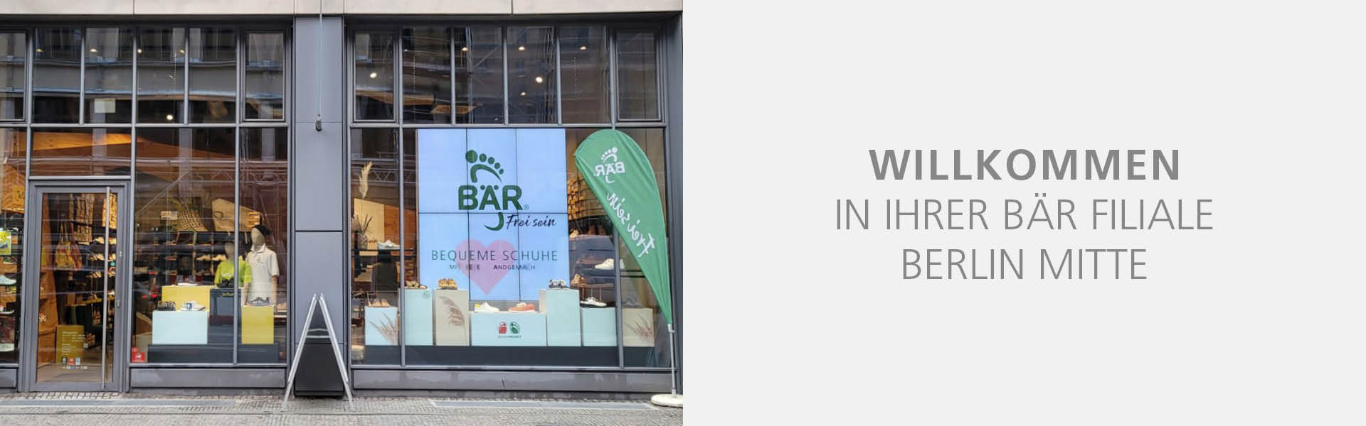 Exterior view of the BÄR shoes store in Berlin Mitte, displaying comfortable footwear.