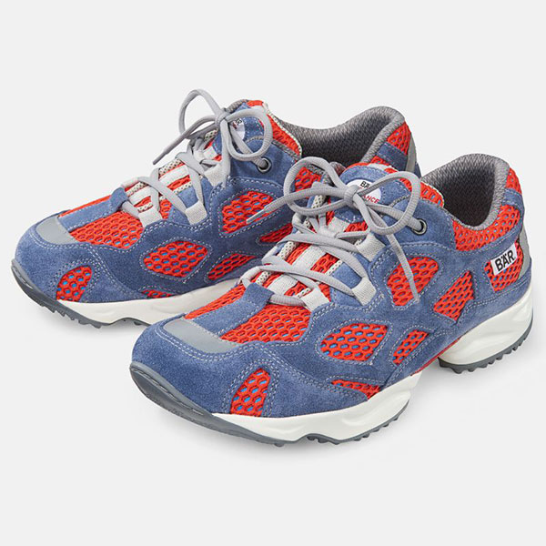 Pair of men's athletic shoes featuring a striking blue and red mesh design, ideal for casual wear and sports activities.