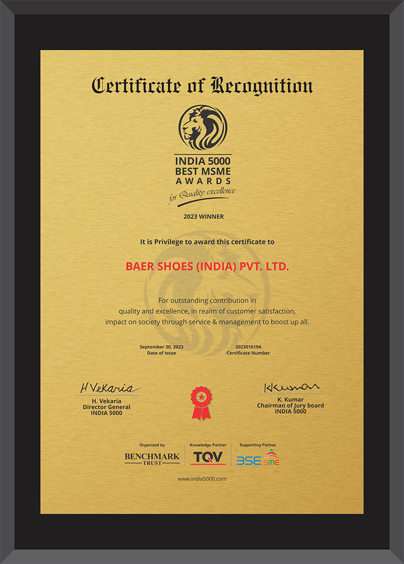 Image of a Certificate of Recognition awarded to Baer Shoes (India) Pvt. Ltd. for excellence in customer satisfaction, issued on September 30, 2023.