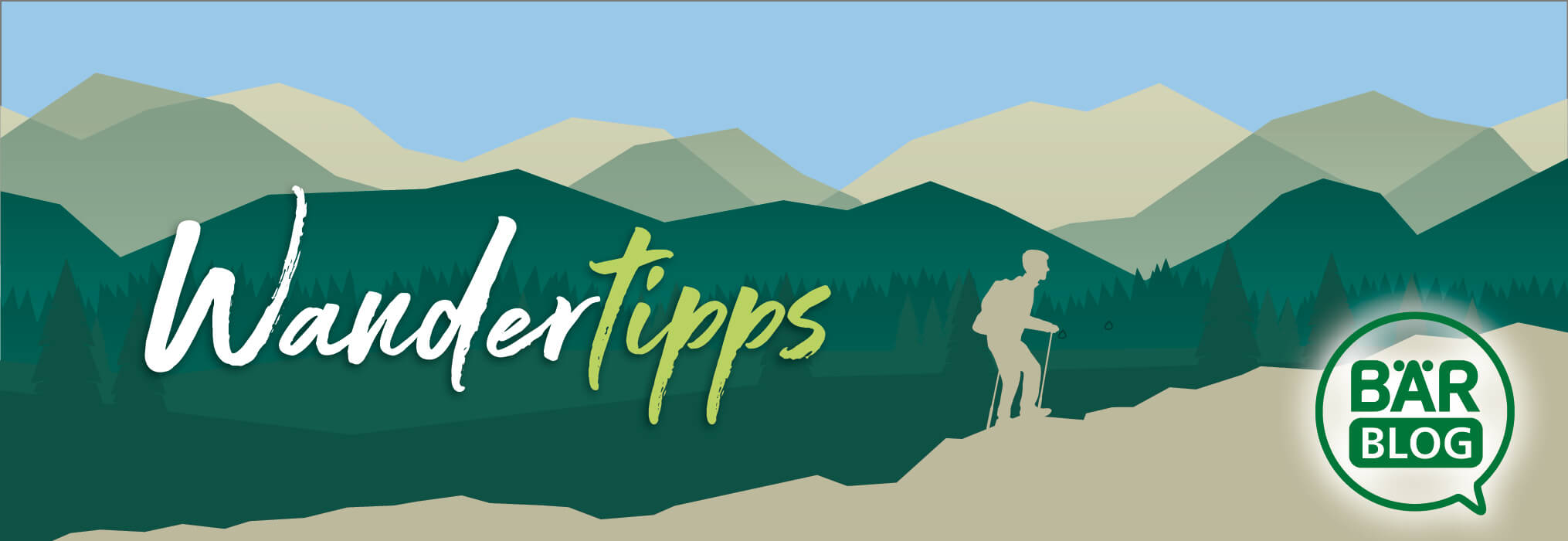 Illustration of a hiker walking in the mountains with the text 'Wandertipps' and the Bär Blog logo.
