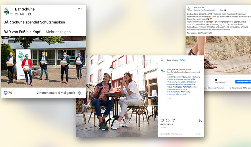 Collage of BÄR Shoes social media posts: mask donation event, comfortable footwear with a couple at a café, and summer sandals promotion.