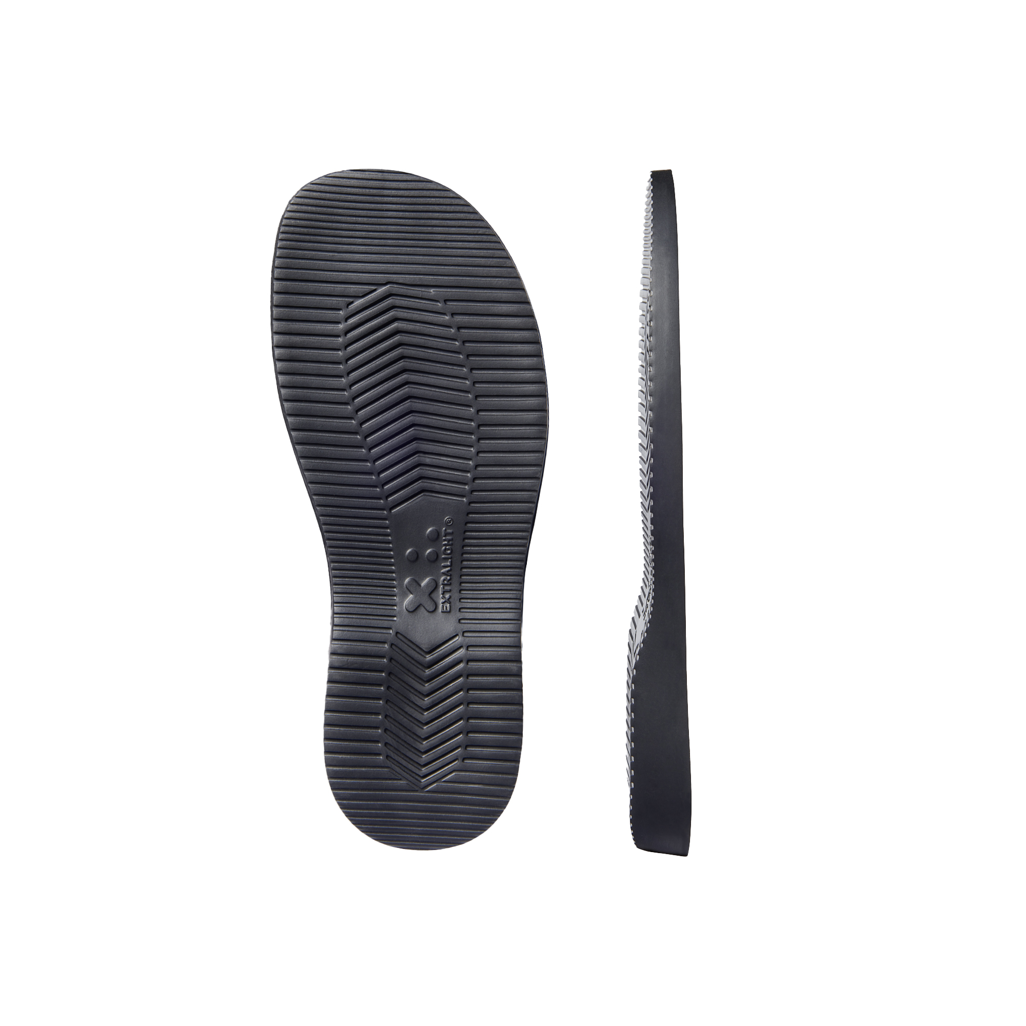 Top and side view of a lightweight black rubber shoe sole with textured grip pattern on white background