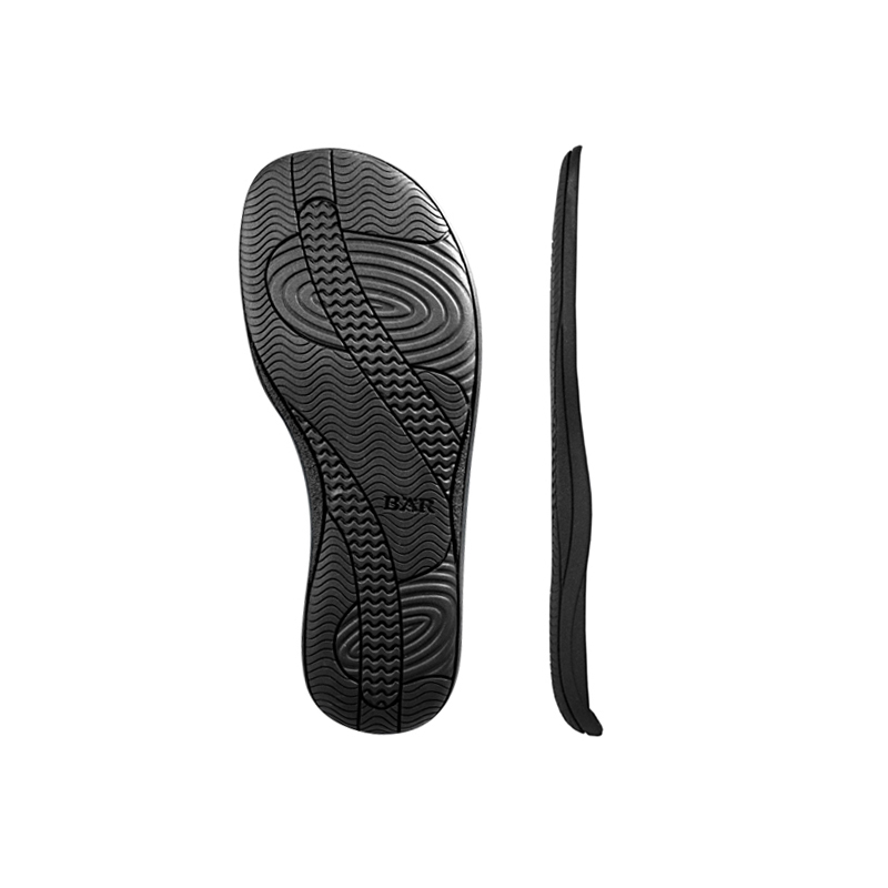 Two views of a black rubber shoe sole, showing the textured tread pattern for grip.