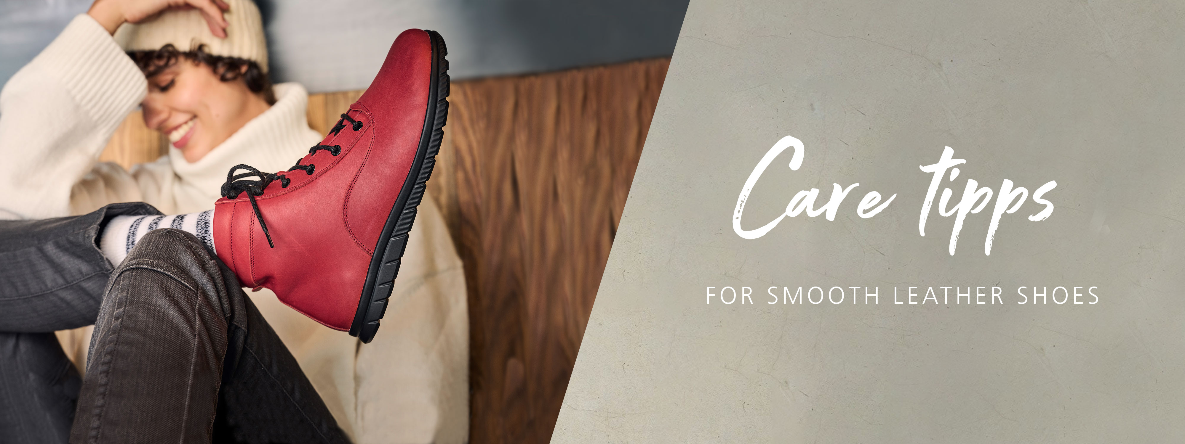 Person wearing red leather boots and winter clothing, smiling and relaxed, with care tips for smooth leather shoes text on the image.