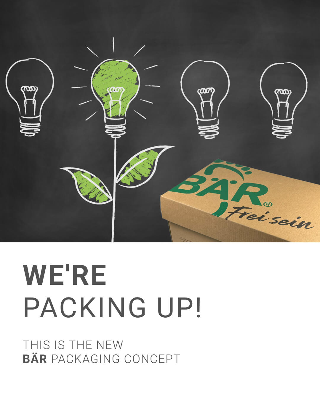 New BÄR packaging innovation with green lightbulb design and cardboard box.