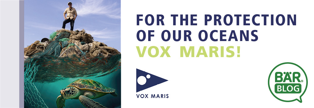 Image of a person standing on a pile of nets above water with a turtle swimming below, promoting ocean conservation by Vox Maris.