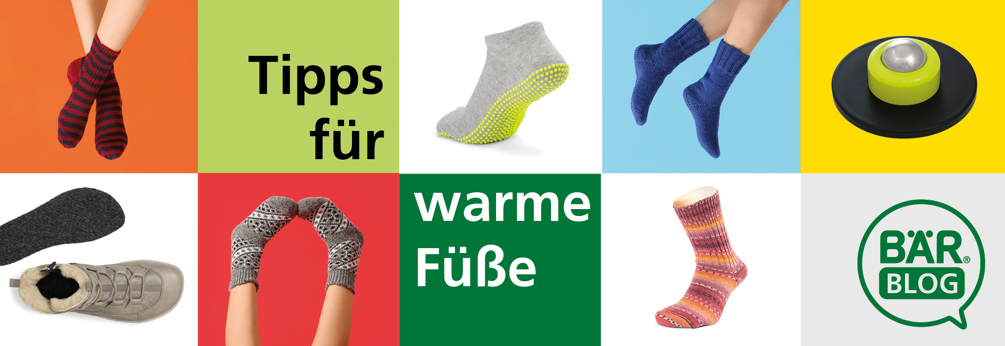 Colorful socks and products for warm feet featured in a grid, promoting BÄR Blog tips on foot warmth.