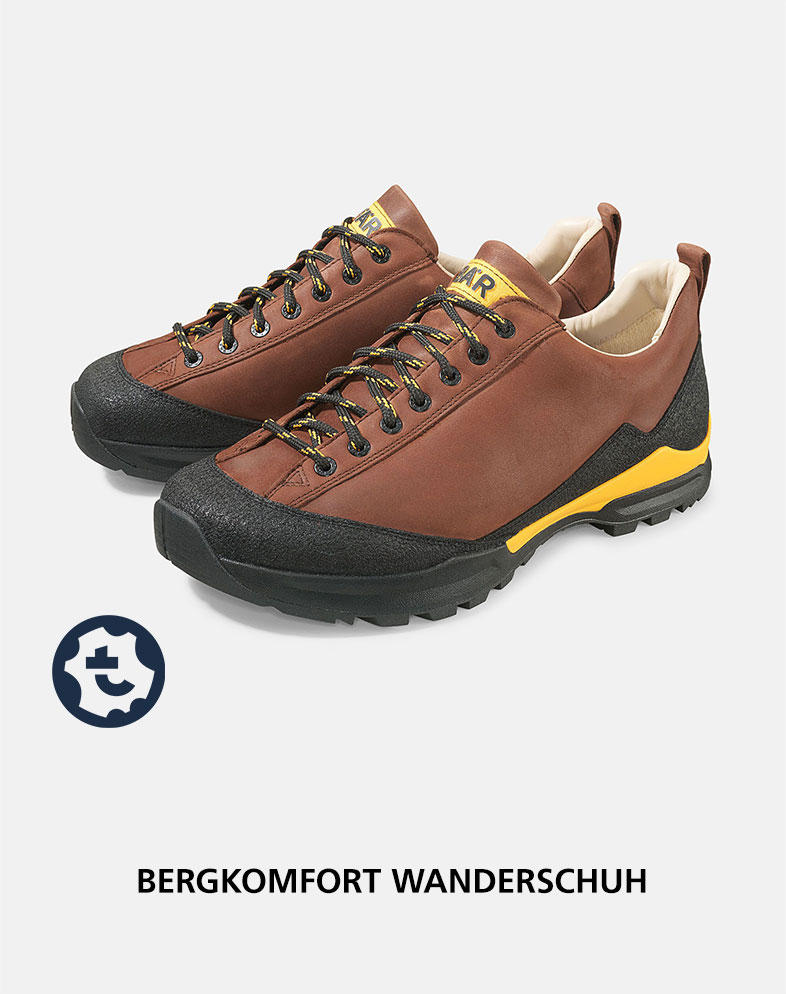 Brown hiking shoes with black soles and yellow accents, labeled 'BERGKOMFORT WANDERSCHUH'.