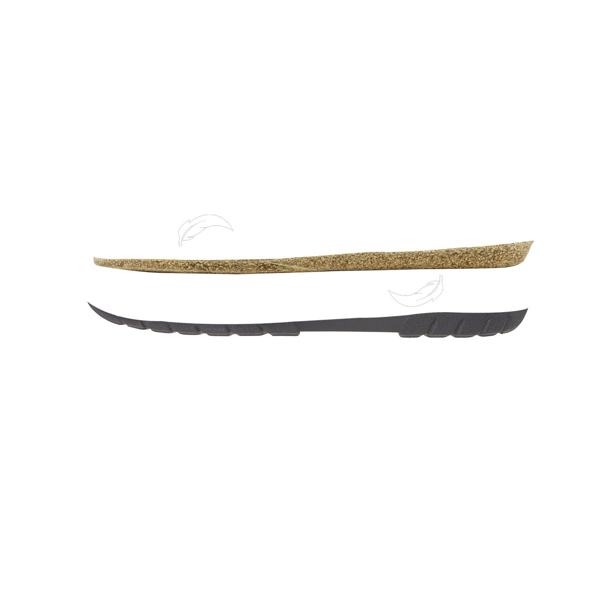 Profile of a shoe sole with textured layers and feather imprint