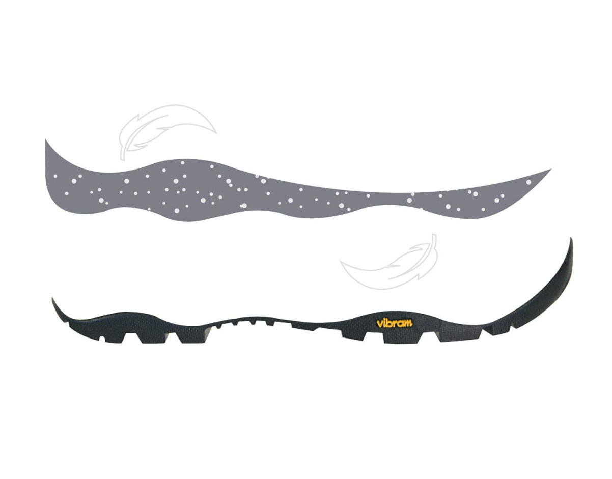 Illustration of a Vibram rubber sole showcasing lightweight and cushioning features