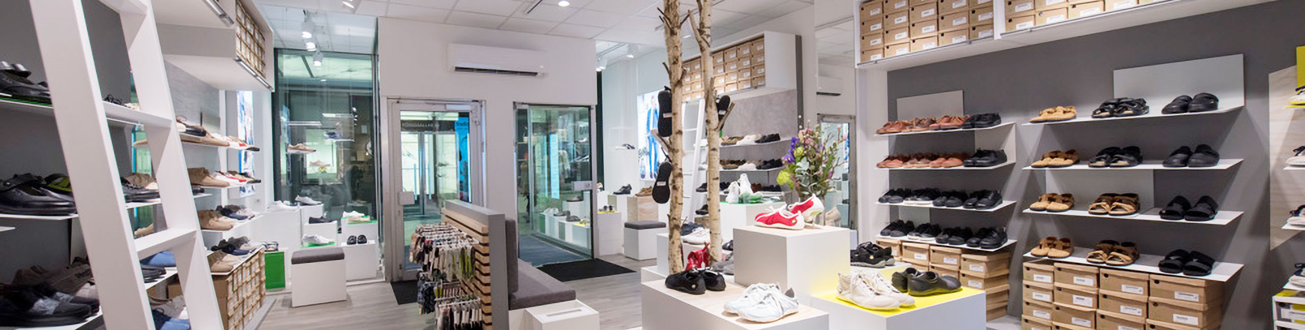 A modern shoe store interior with shelves full of various shoes, casual ambiance, and decorative elements