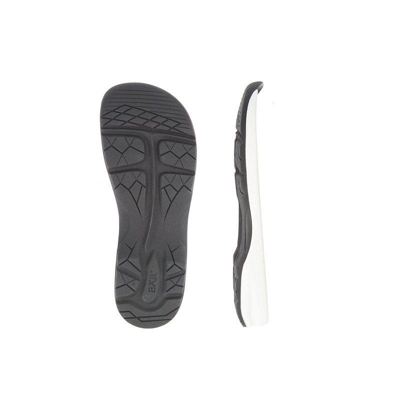 Top and side view of a black and white shoe sole, showcasing the tread pattern.