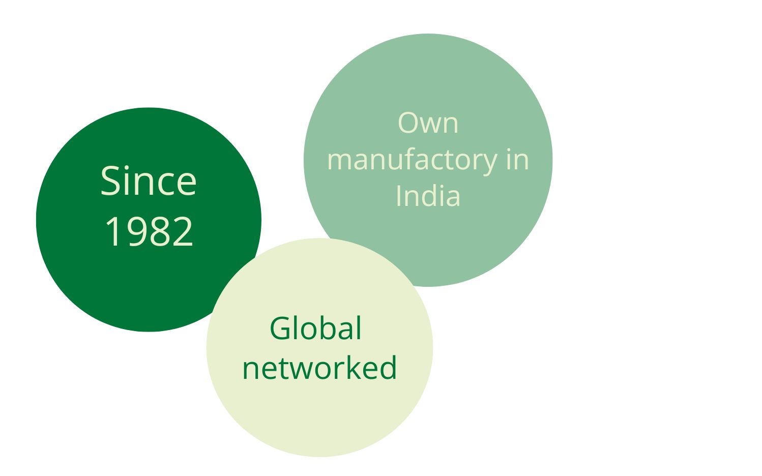 Three circles displaying company milestones: 'Since 1982' in dark green, 'Own manufactory in India' in light green, and 'Global networked' in pale green.