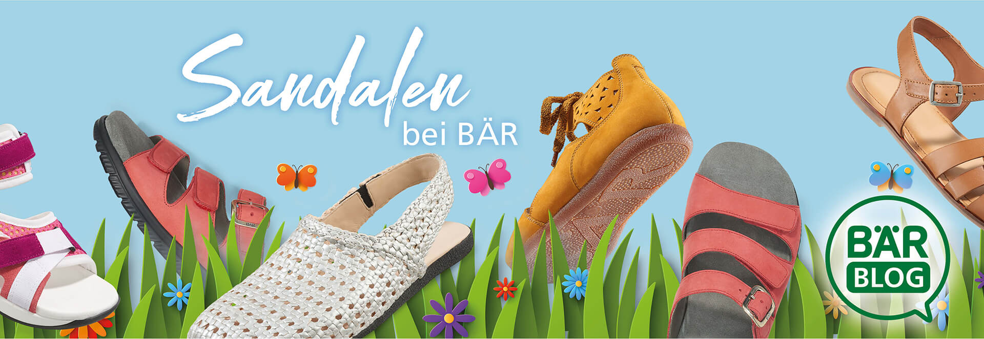 Colorful sandals collection by BÄR with butterflies and flowers on light blue background.
