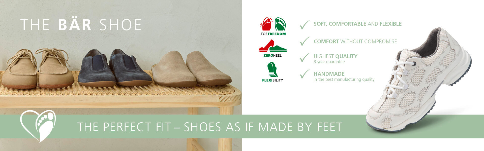 Display of BÄR shoes offering toe freedom, zero heel, and flexibility, emphasizing comfort and quality.