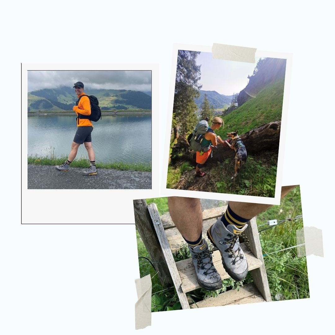 Collage of a hiker walking by a lake, two hikers with a dog on a forest trail, and close-up of hiking boots on wooden steps.