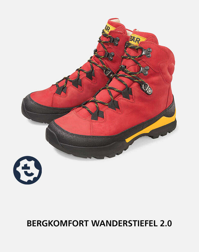 Red and black hiking boots with yellow accents and sturdy laces, Mountain Comfort 2.0