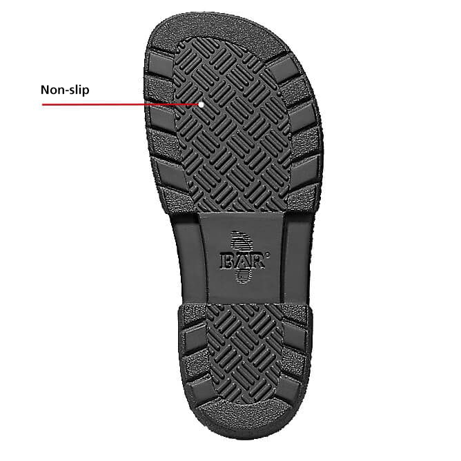 Image of a black shoe sole with a non-slip, patterned grip ensuring secure traction.