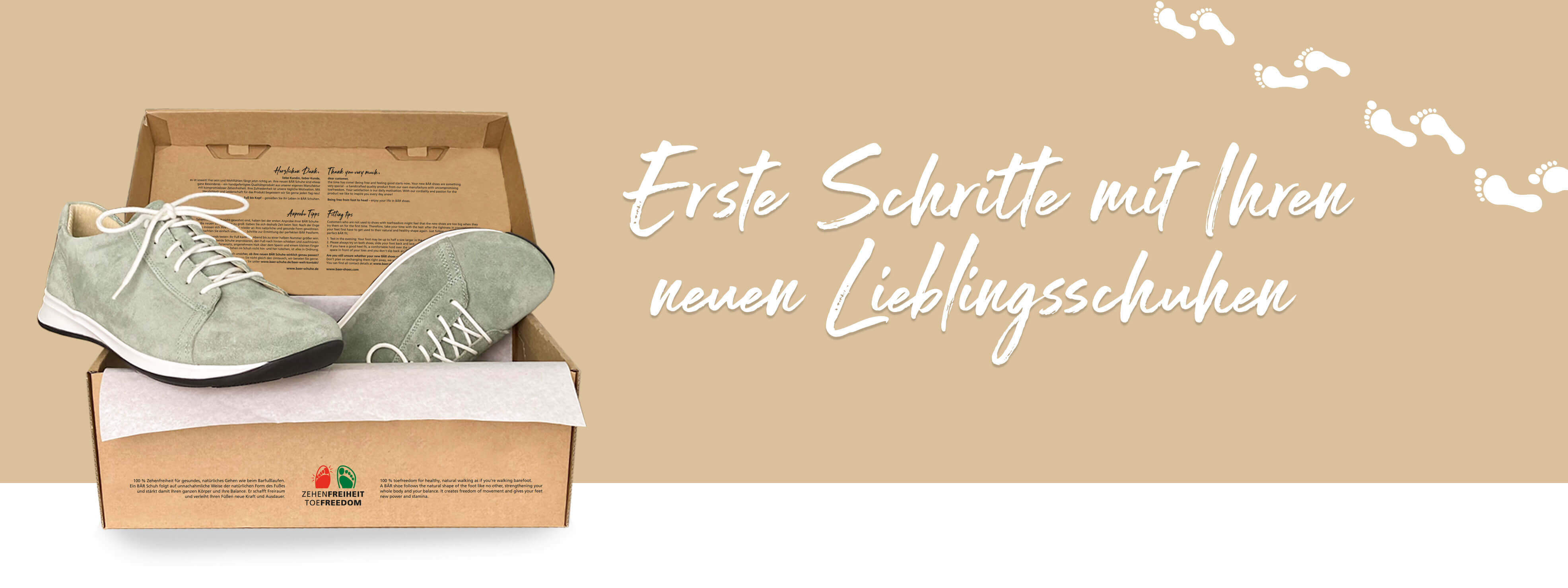 Open shoe box with stylish, sage green sneakers on a beige background, text reads 'First Steps with Your New Favorite Shoes'