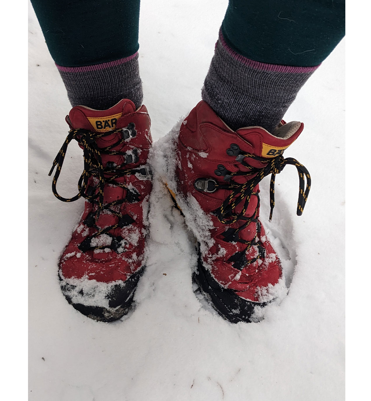 Close-up of red hiking boots with snow-covered laces outdoors