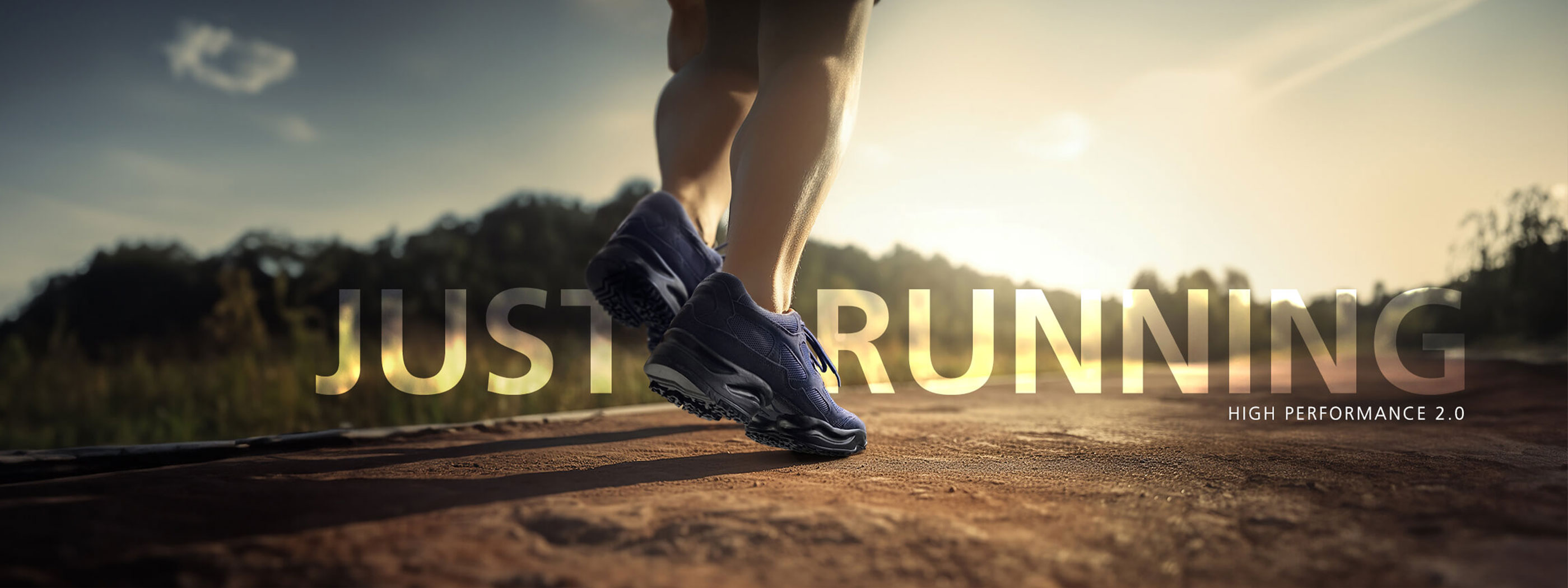 Close-up of running shoes on a trail with sunset in the background, showcasing the text 'Just Running' and 'High Performance 2.0'