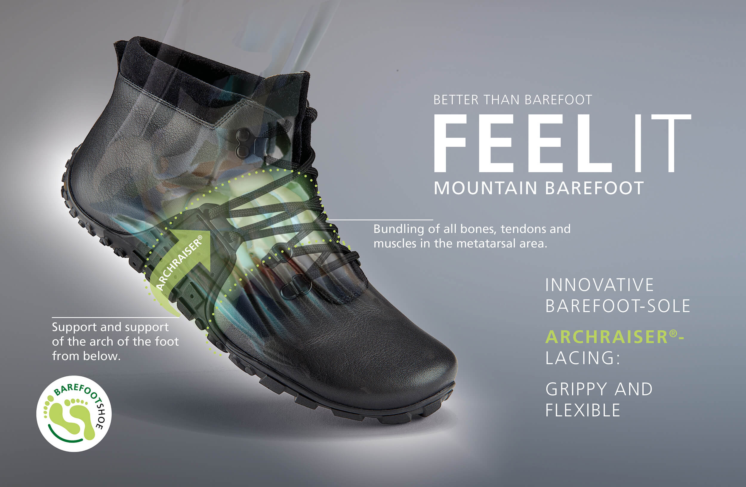 Mountain barefoot shoe with Archraiser lacing system, designed for maximum foot support and flexibility.