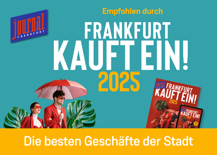 Cover image of the 2025 Frankfurt shopping guide featuring stylish individuals with an umbrella and a booklet.