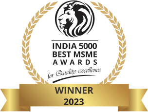 Award badge for India 5000 Best MSME Awards 2023, recognizing quality excellence. Gold laurel and lion emblem with 'Winner 2023' banner.