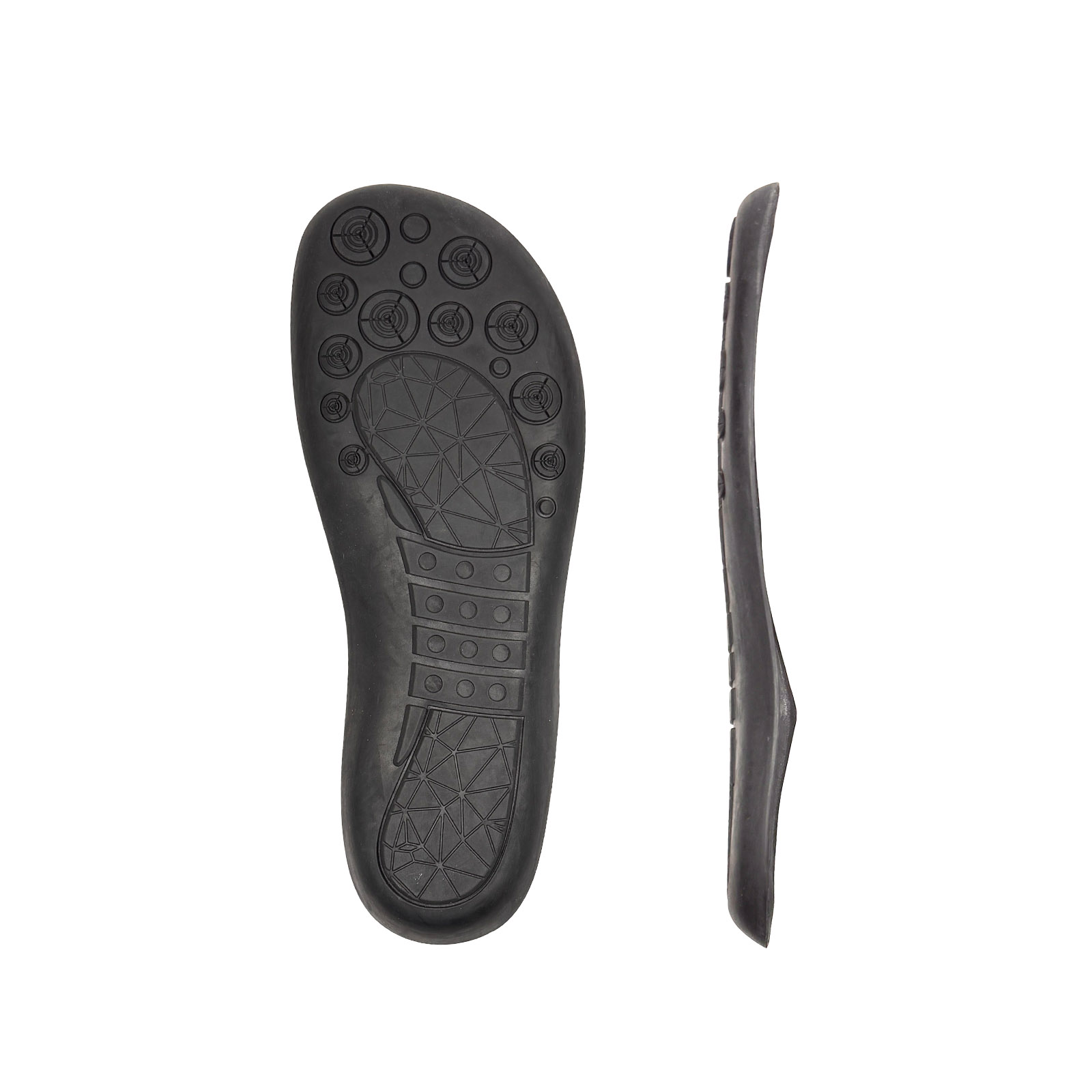 Top and side view of ergonomic black shoe insoles designed for comfort and support