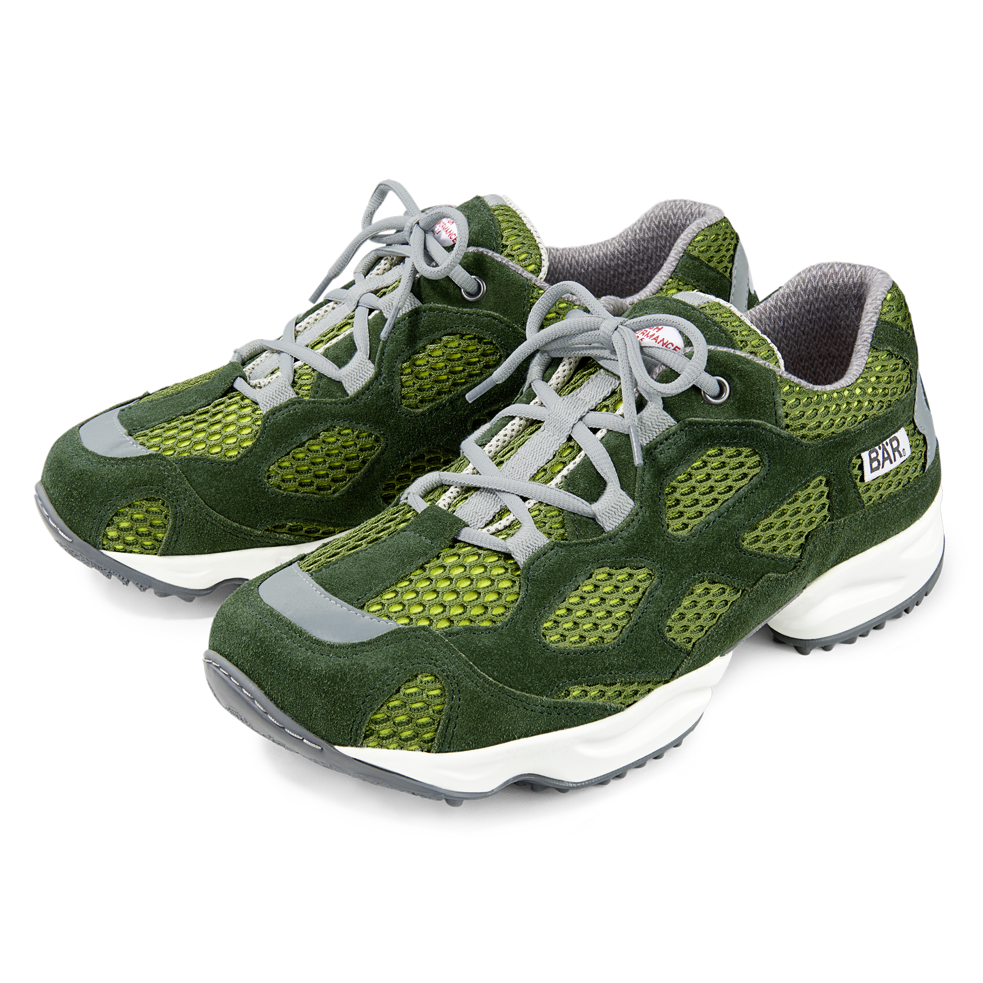 Pair of green and gray sneakers with mesh design and white soles